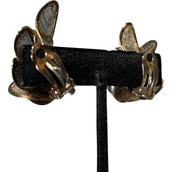 Vintage Bronze Flower Clip On Earrings Statement Petals Crystal Center - Picture 6 of 12